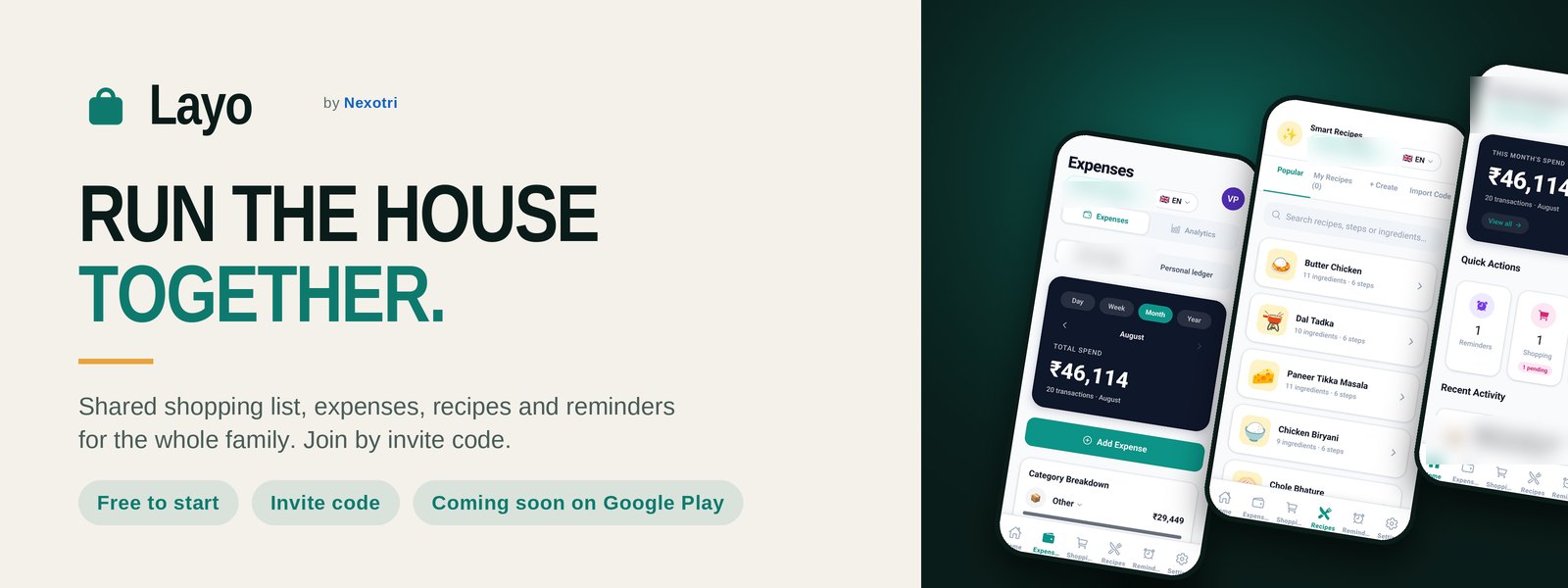 Layo — run the house together. Shared shopping list, expenses, recipes and reminders.