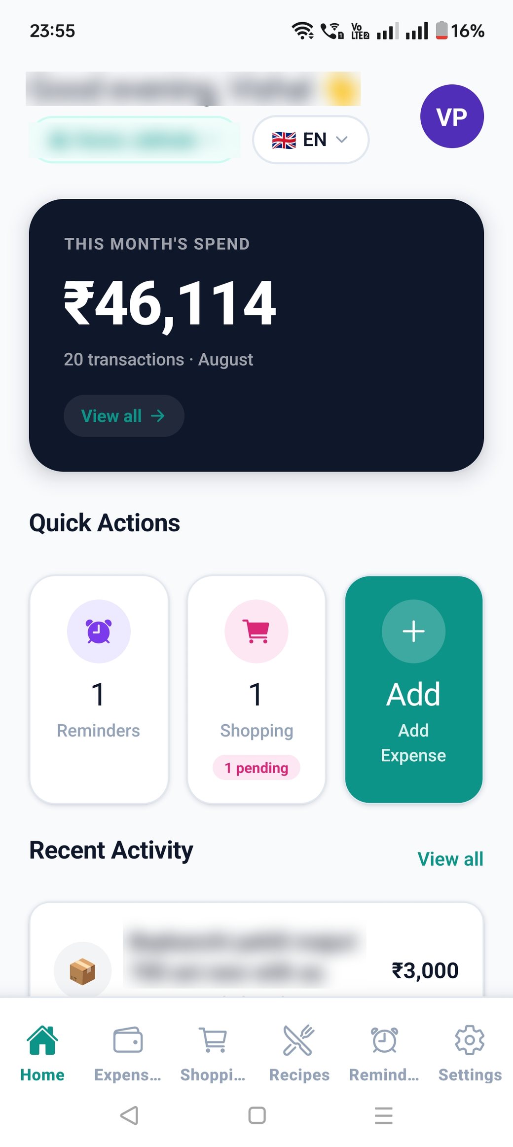 The Layo home screen, showing this month's spend, quick actions and recent activity.